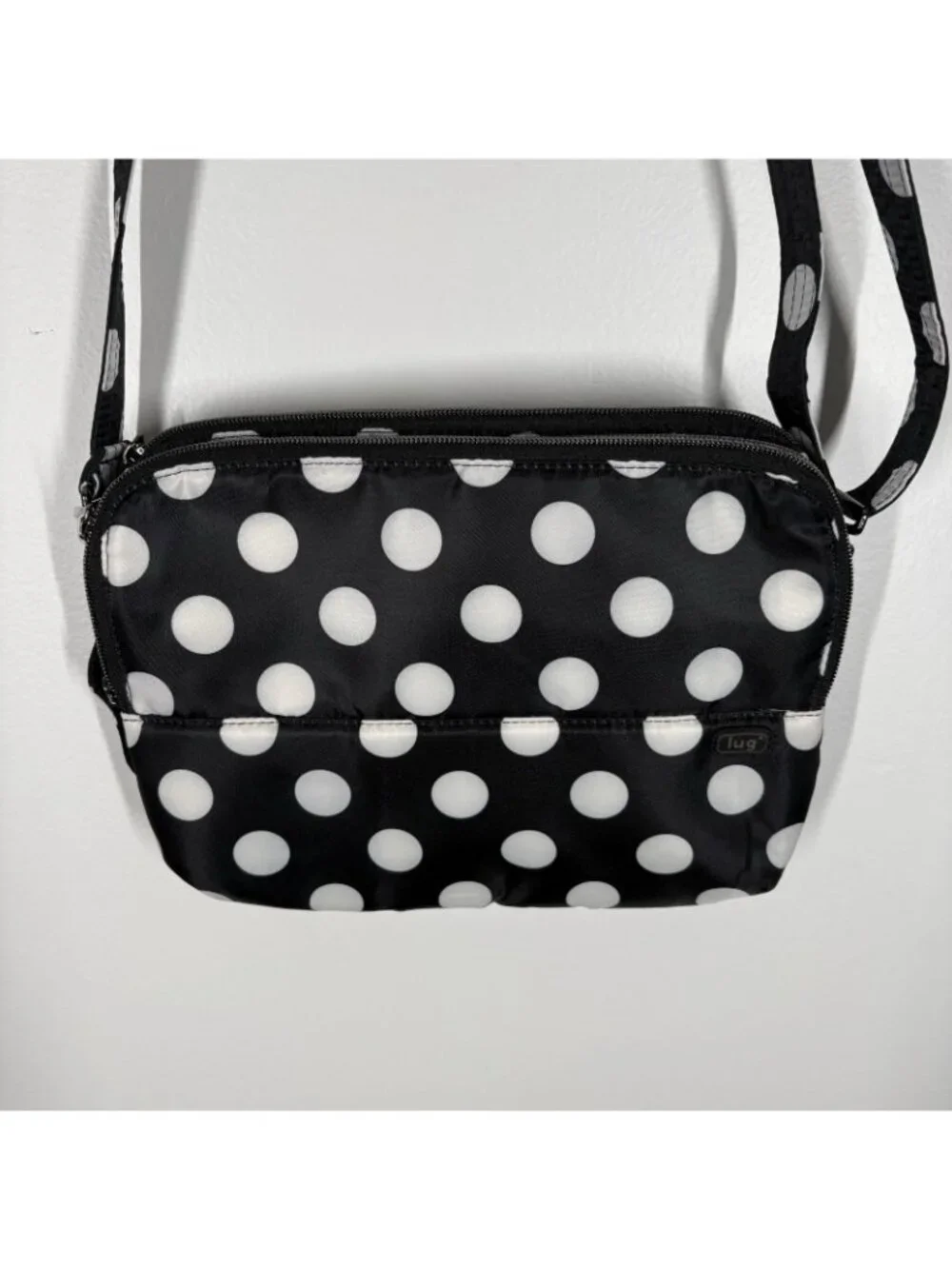 Lug Black White Polka Dot Adjustable Strap Travel Delta Crossbody Bag